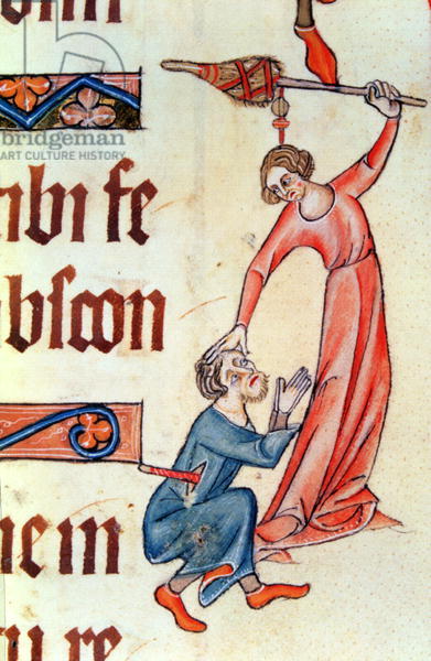 Add 42130 Margin illumination showing a wife beating her husband with a distaff, from the Luttrell Psalter, begun prior to 1340 for Sir Geoffrey Luttrell (vellum)