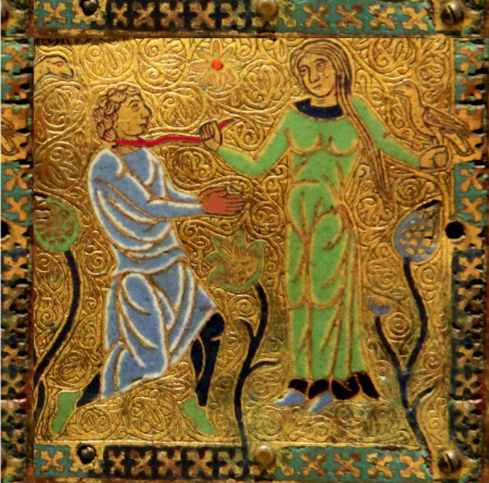 Mediaeval image of a woman leading a man with a leash or halter.