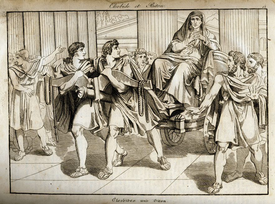ancient world, Greece, mythology, "Kleobis and Biton", copper engraving, "Vorzeit und Gegenwart", Augsburg, 1832, antiquity, Gr