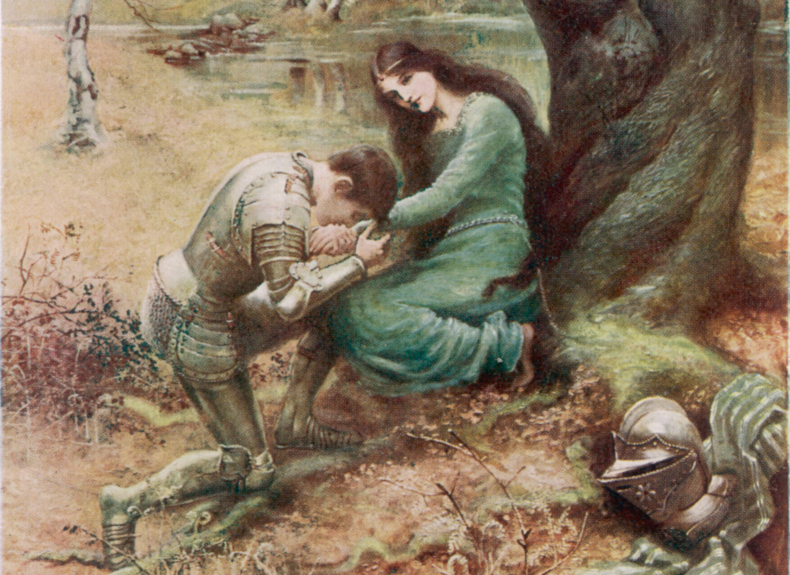 A medieval Knight, with his  young lover, gets down on one  knee...        Date: First published: 1898